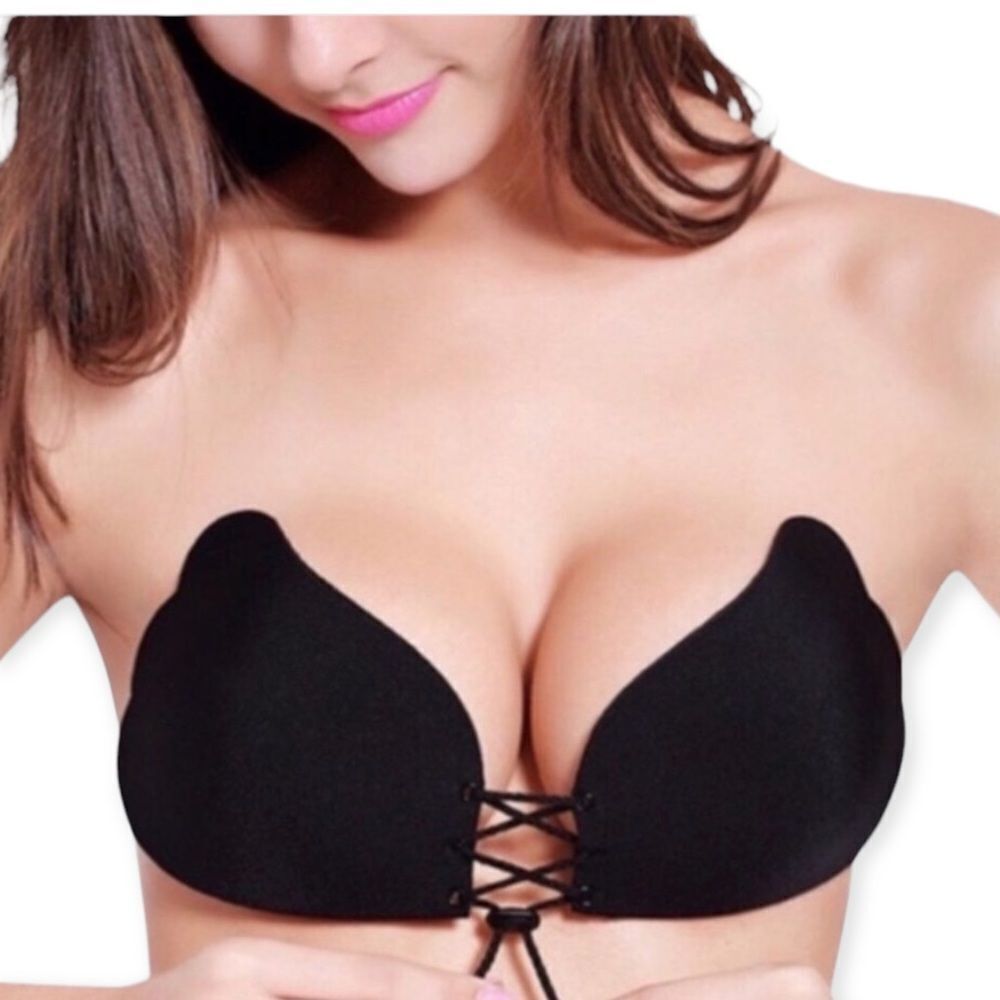 Black Lace Up Sticky Bra Backless Butterfly Adhesive Cleavage Push Up Cups B NWT